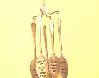 Vintage 5 Spoon Wind Chime, Personalized with your words - Custom Hand Stamped - Made to Order