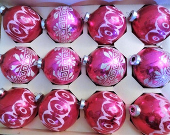 Vintage Flocked Dark Pink/Fuschia Mercury Glass Ornaments - Box of 12 - Cottage Chic Glass Christmas Ornaments - Made in USA