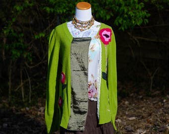 Boho Clothing, Altered Couture, Upcycled Clothing, Refashioned Clothing, Altered Clothing, Sweater for Women, Embellished Top, Size Large
