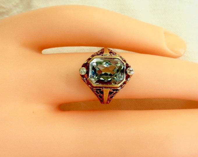 Art Deco 14K Blue Topaz Diamond Ring, Vintage Art Deco Ring, 14K Gold Filigree, Mine Cut Diamonds, Engagement Ring