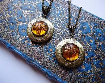 Locket Dragonfly in Amber Outlander Inspired Necklace - Gift For Her