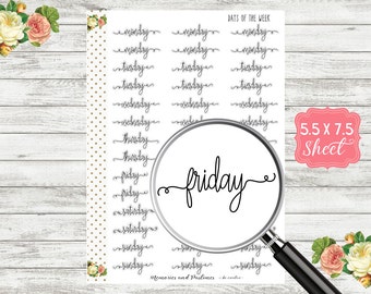 Days of the Week Planner Stickers - Script Stickers - Cursive Stickers - BUJO Stickers, Bullet Journal Stickers, Travelers Notebook Stickers