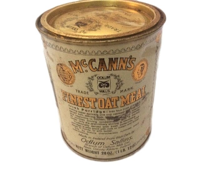 Vintage Kitchen Decor - Kitschy - John McCanns Steel Cut Irish Oatmeal Tin Can - Ireland - Retro Farmhouse Decor