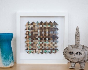 Framed wall art, abstract art, paper weaving art, original artwork, square art, mixed media art, woven paper art. SFW006