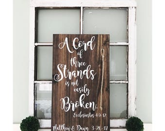 A Cord Of Three Strands Is Not Easily Broken Ecclesiastes 4:9-12 | Unity Candle | Wedding Sign | Wedding Decoration