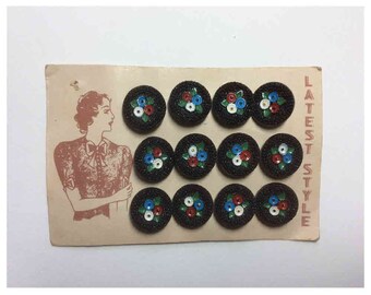 Hand Painted Flowers on Vintage Black Czech Glass Buttons to Add a Touch of Spring
