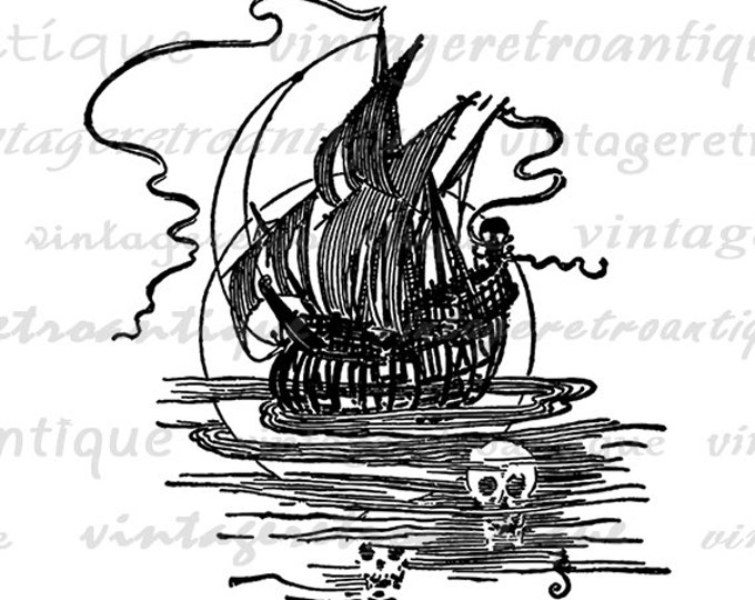 Digital Pirate Ship with Skull Graphic Download Boat Image Printable Antique Clip Art Jpg Png Eps HQ 300dpi No.3651