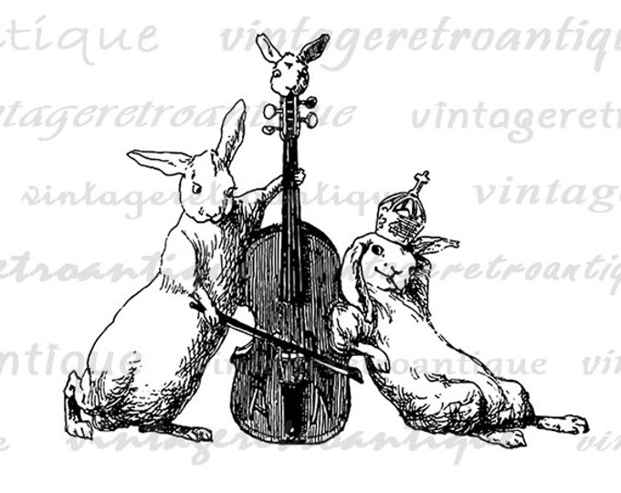 Printable Digital Rabbits with Violin Graphic Download Image Illustration Vintage Clip Art Jpg Png Eps HQ 300dpi No.2961