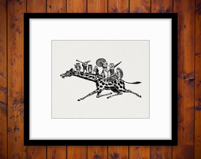 Giraffe with Animals Riding on Back Printable Graphic Download Illustration Image Digital Vintage Clip Art Jpg Png HQ 300dpi No.3340