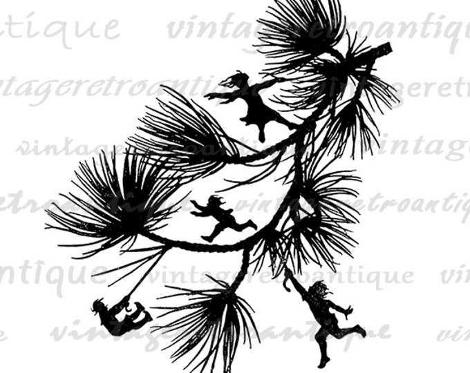 Printable Image Fairies Dancing on Branch Silhouette Digital Download Graphic Antique Clip Art Jpg Png Eps HQ 300dpi No.2179