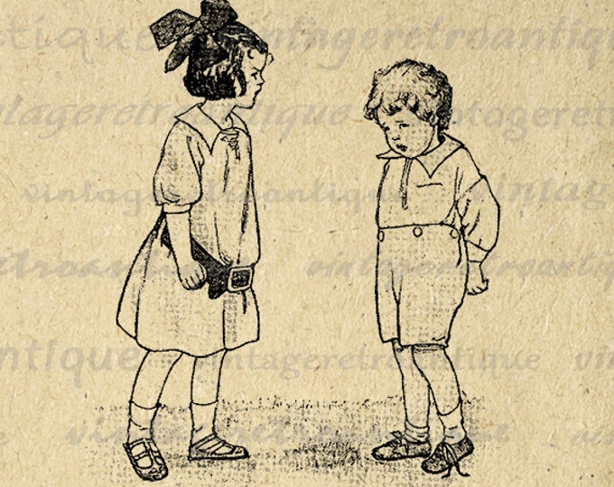 Digital Antique Boy and Girl Printable Image Old Fashioned Download Illustration Graphic Vintage Clip Art Jpg Png HQ 300dpi No.3199