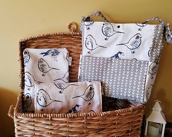 Brownie Gifts 2017 Line! Blue Birds Toille Diaper bag,change pad & dirty duds wet bag