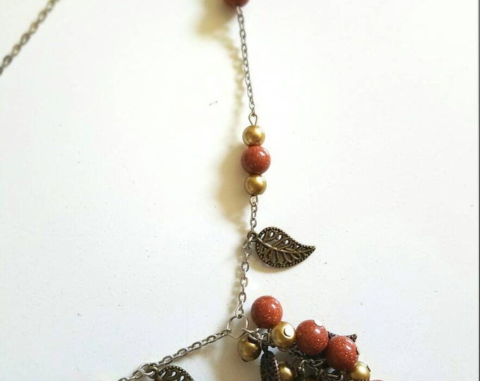 Brown Gold Leaf Boho Chain Dangle Cluster Necklace