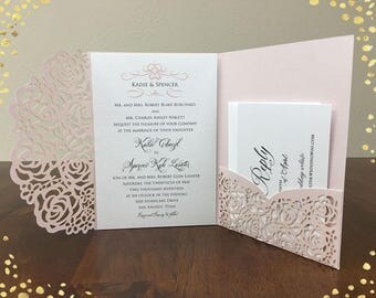 Gorgeous Laser Cut Wedding Invitations Pocket Wedding invitation Die Cut Laser Cut Traditional Blush Shimmer Wedding Invites Laser Cut