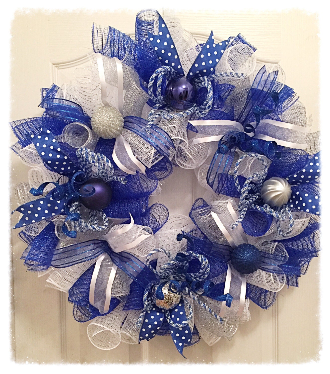 Winter Blue and Silver Deco Mesh Wreath/Blue and Silver Deco