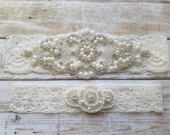 SALE - Wedding Garter, Bridal Garter, Garter Set - Crystal Rhinestone & Pearls - Style G8001