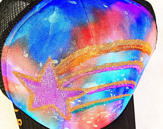 FLASH SALE! Space Galaxy Shooting Star Hand Painted Sparkly Metallic Trucker Hat, Spacey Galactic Rainbow Glitter Star Watercolor Rave