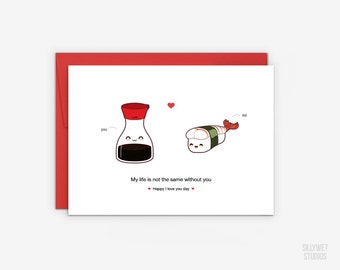 Cute Soy Sauce and Amaebi Sushi Love Card, Valentine's Day Card, Anniversary Card, I Love You Day Card