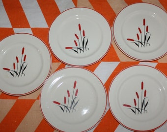 Cattail Pattern Universal Cambridge Camwood Ivory Set of 5 Bread and Butter Plates