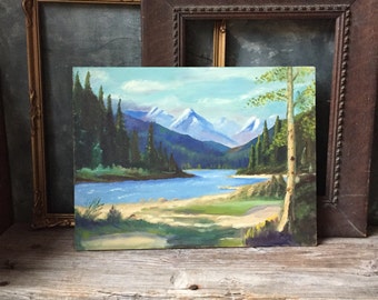 Mountain Landscape Scene Vintage Oil Painting: Canadian Landscape Painting, Original Oil Painting On Masonite, Hand Painted Art