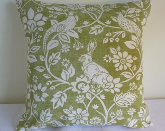 Designer Cushion Cover Handmade 16" country cottage Fryetts heathland sage green rabbits hygge bolster pillow retro modern (UK free post)