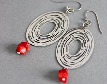 Geometric Earrings Silver Red Coral Earrings Filigree Oval Earrings Oval Earrings Filigree Earrings Silver Filigree Silver Red Earrings