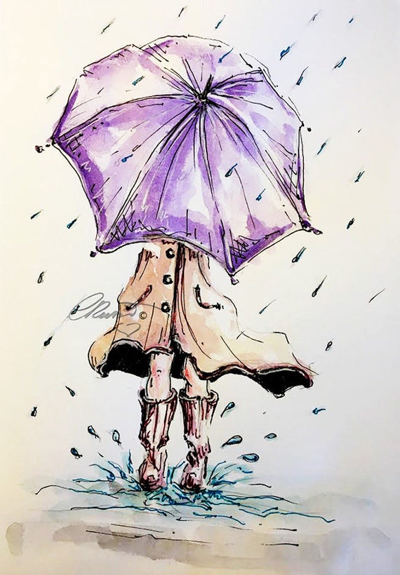 Items similar to Rain Watercolor Painting, Limited Edition Print, Girl ...