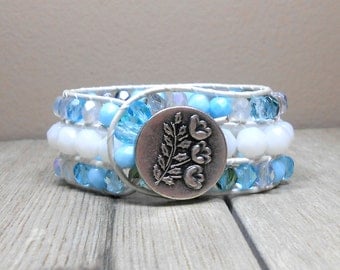 ON SALE Serenity Blue Beach: Serenity Blue Beads, White Rounds, Beaded, Boho Leather Cuff Bracelet, boho, women, jewelry, Cuff, gypsy, Beach