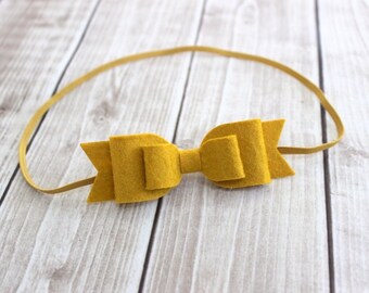 Yellow Felt Headband, Baby Headband, Felt Hair bow, Mustard Felt Bow, Newborn Headband, Baby Girl Headband, Yellow Headband