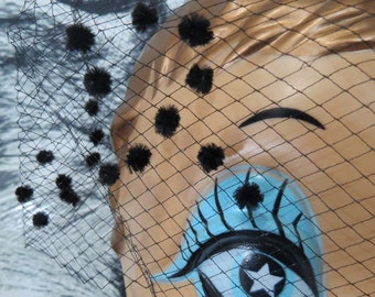 60s Black Veil Birdcage Hat with Velvet Bows and Chenille Pompoms