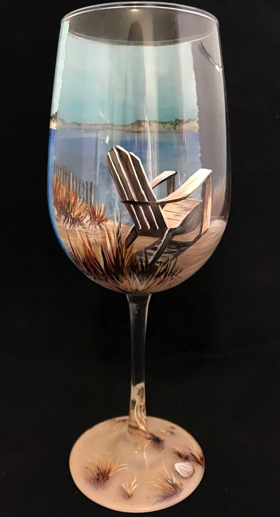 Wine Glass Hand Painted Beach Scene Nautical Adirondack Chair