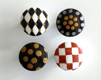 Sale - Metallic Harlequin and Dots Hand Painted Drawer Knobs Set, Ready to Ship, Harlequin Drawer Pulls