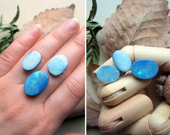 Set of 3 free form natural Australian Fire Opal doublet cabochons. Blue-green-gold flashes. FREE US shipping and 7.00 USD International.