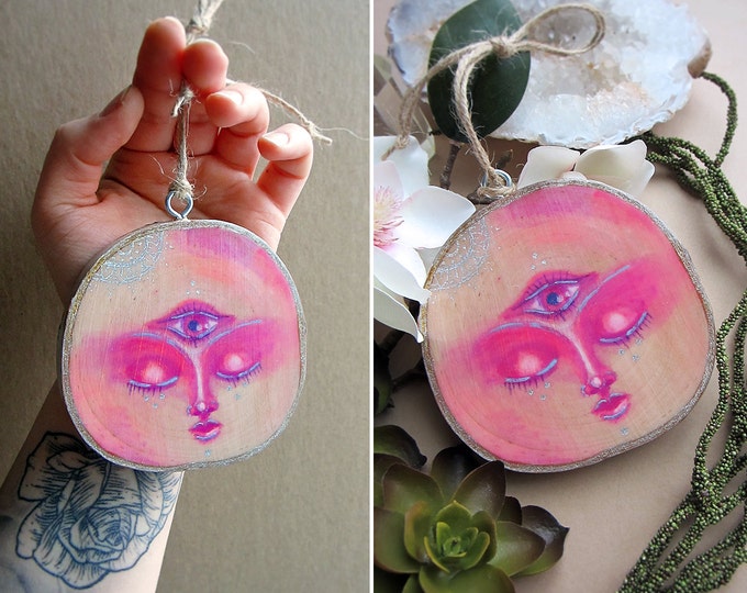 Purple Moon Goddess with Third Eye. Wall hanging hand painted on a slice of birch wood. Comes with a rope hanger.