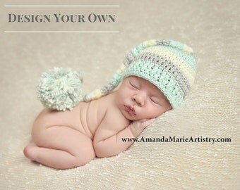 Newborn Elf Hat with Pom Pom - Boy Elf Hat - Long Tailed Baby Elf Stocking Hat - Mint Light Gray Off White - Photo Prop Hat Newborn Hat Boy