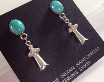 Native American Navajo Turquoise Sterling Silver Squash Blossom Post Earrings