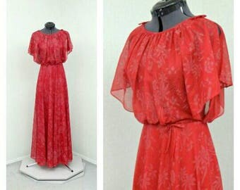 Vintage 70s Dark Red Floral Maxi Dress, Boho Dress, Floral Dress, Hippie Dress, A Line Dress, Summer Dress, Flutter Sleeve Dress, Long Dress