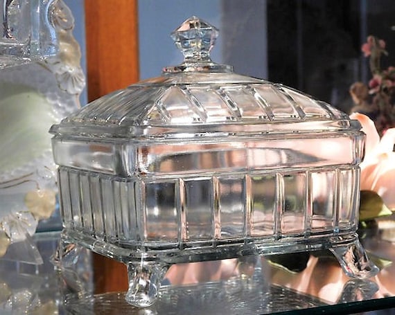 EAPG Victorian 1800s Covered Butter Dish Honey Dish Higbee Antique Square Footed Glass Dish Lid Wedding Gift Cottage Home Decor Centerpiece