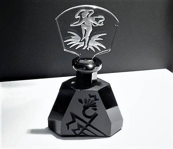 Czech Perfume Bottle Frosted Intaglio Figural Stopper Black Art Deco 1920s 1930s Cut Crystal Glass Czechoslovakia Vintage Vanity Cologne