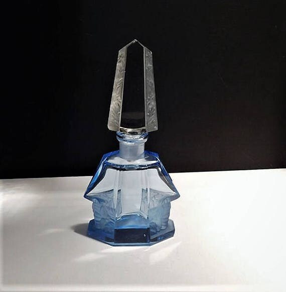 Czech Perfume Bottle Art Deco 1920s 1930s Frosted Cut Blue Crystal Glass Czechoslovakia Antique Vintage Vanity Cologne Bohemian Scent Bottle