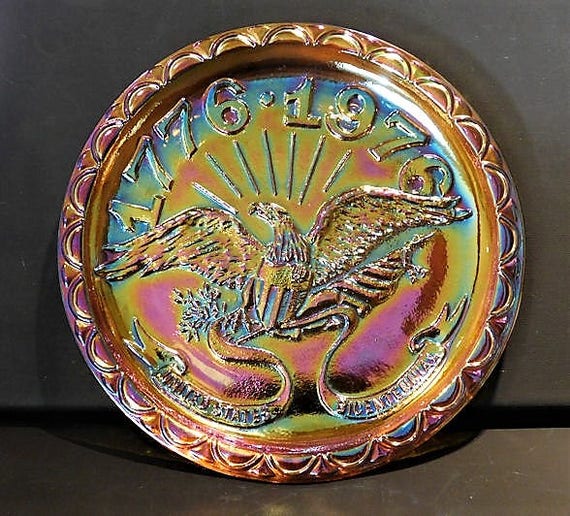 Bicentennial Plate 1976 Carnival Glass Commemorative Memorial Souvenir Plate Eagle Flag Fourth of July United States USA Indiana Glass Co