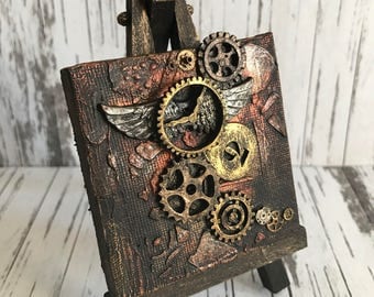 Steampunk Vintage Winged Clock and Cogs Mixed Media miniature canvas