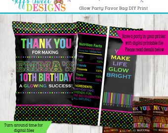 Glow Birthday Party Personalized Favor Bag - Candy Bag - Chip Bag - Goody Bag - Party Bag - DIY Printing