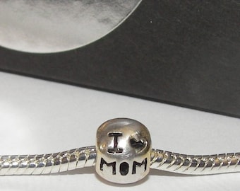 925 sterling silver, I love mom charm, mom charm , european charm, European bead, fits snake chain bracelet