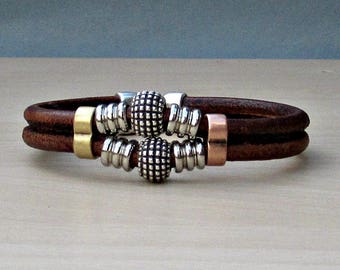 Mens Beaded Bracelet, Mens Leather Bracelet, Bracelet For Him, Antique Silver Plated, Customized On Your Wrist