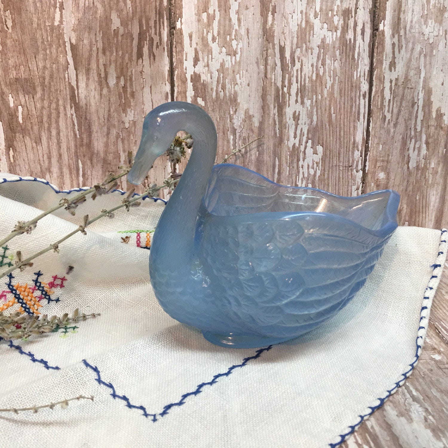 Vintage Blue Glass Swan Vase Planter Fenton Glass