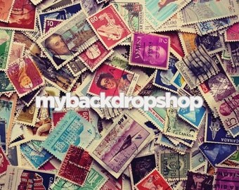 4ft x 4ft Postal Stamp Photography Backdrop - Colorful Retro Stamp Photo Prop - Instagram Photo Backdrop - Selfie Backdrop Prop - Item 3063