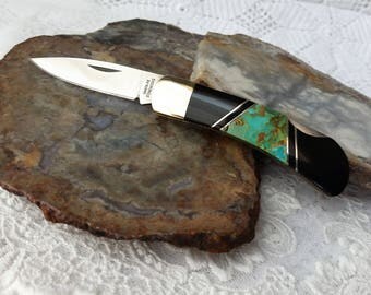 Turquoise and Jet Inlay Knife, Hand Made Double Sided Turquoise Jet Handle, Real Turquoise & Stainless Steel Blade, Lock-back Pocket Knife