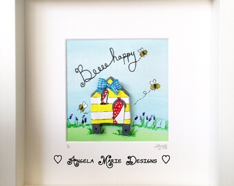 Bee hive 'Beeeee Happy' original mixed media artwork.