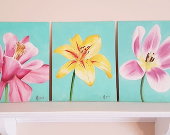 Floral oil painting set. Pink Colombine, Yellow Daylily, Pink and White open Tulip